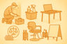 Flat-style saffron-toned illustration showing symbolic icons of neighborhood services: a handyman kneeling with toolbox, a cleaning caddy, a laptop on a table, a salon chair with beauty cart and bottles, a legal scales icon with books, and a blank sandwich-board sign, all on a soft warm background.