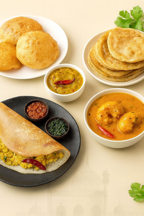 South Indian tiffin spread with masala dosa, puris, parottas, sambar, and chutneys on a beige background.