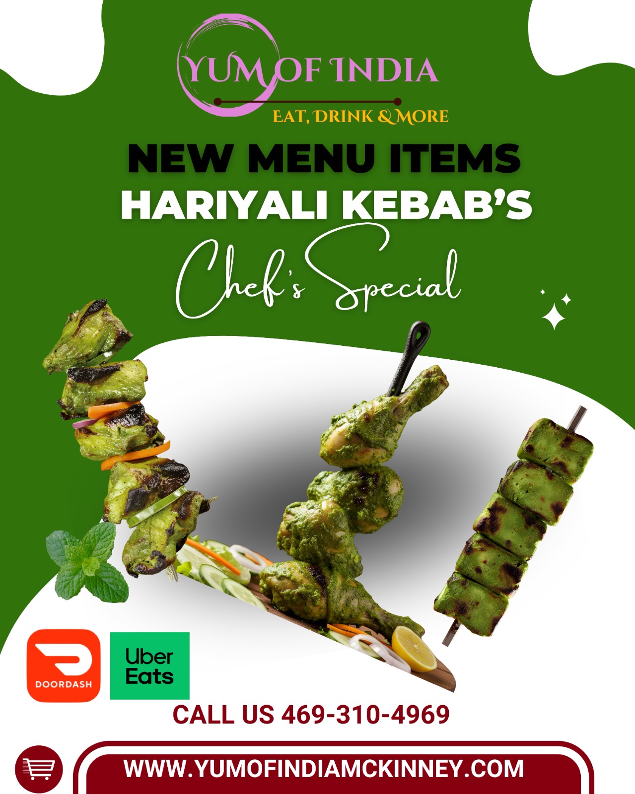 Introducing the new Chef's Special: Hariyali Kebabs, now available at Yum of India.